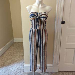 Love Tree tan, cream and blue striped strapless jumpsuit size small